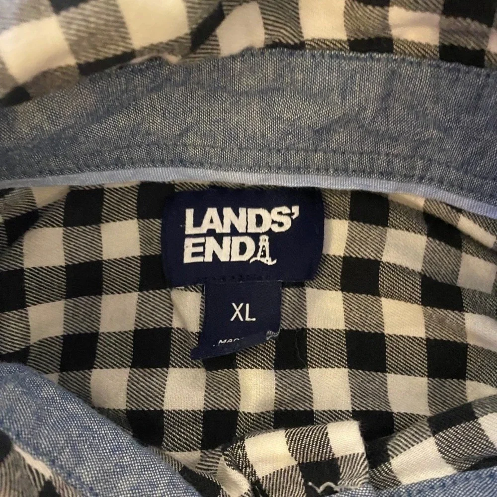 Lands End Mens Plaid Long Sleeve Button Down Shirt Black White‎ XL